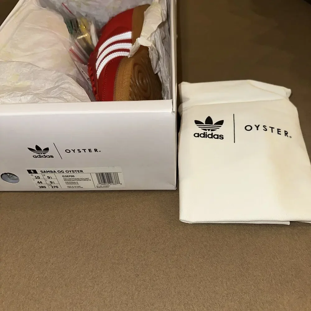 Adidas Men's Samba OG x Oyster size 10 Red with multiple laces and storage/bag
